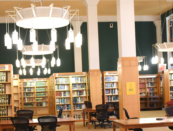 Library Interior, bookshelves, desks, chairs, light fixtures