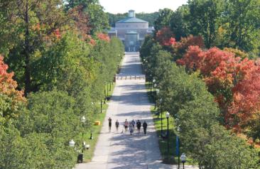 Aerial Shot Of Students On Alumni Walk Facing the Library