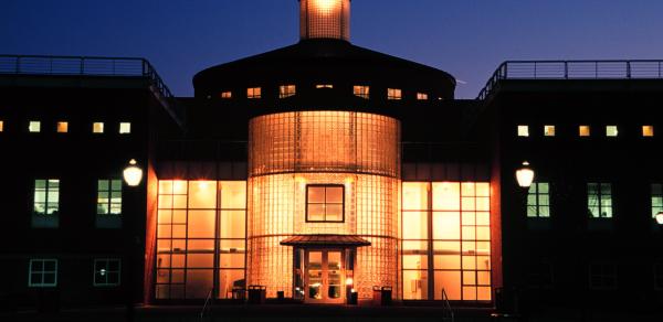 CSI Library illuminated at night