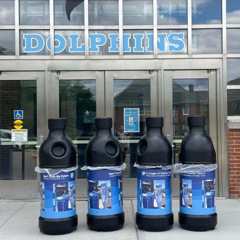 4 new bottle shaped recycling bins arrived for building 1 R