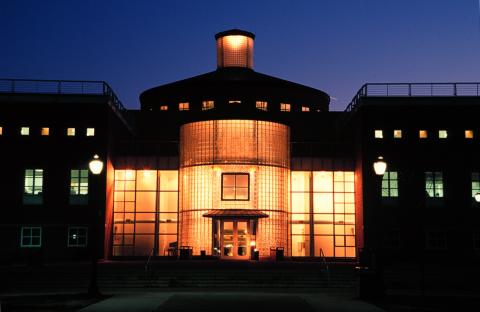 CSI Library illuminated at night