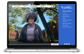 Image of a laptop displaying a CSI webpage featuring a portrait of a young woman with curly hair wearing a dark jacket. She is standing outdoors with a CSI building and trees in the background. The website's menu includes links to student services, academic programs, and contact information.